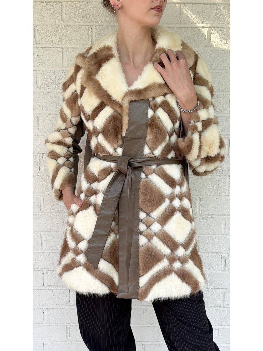 Vintage 1960s Mod Geometric Mink Fur Coat Patchwork Leather Belted Cream Brown S
